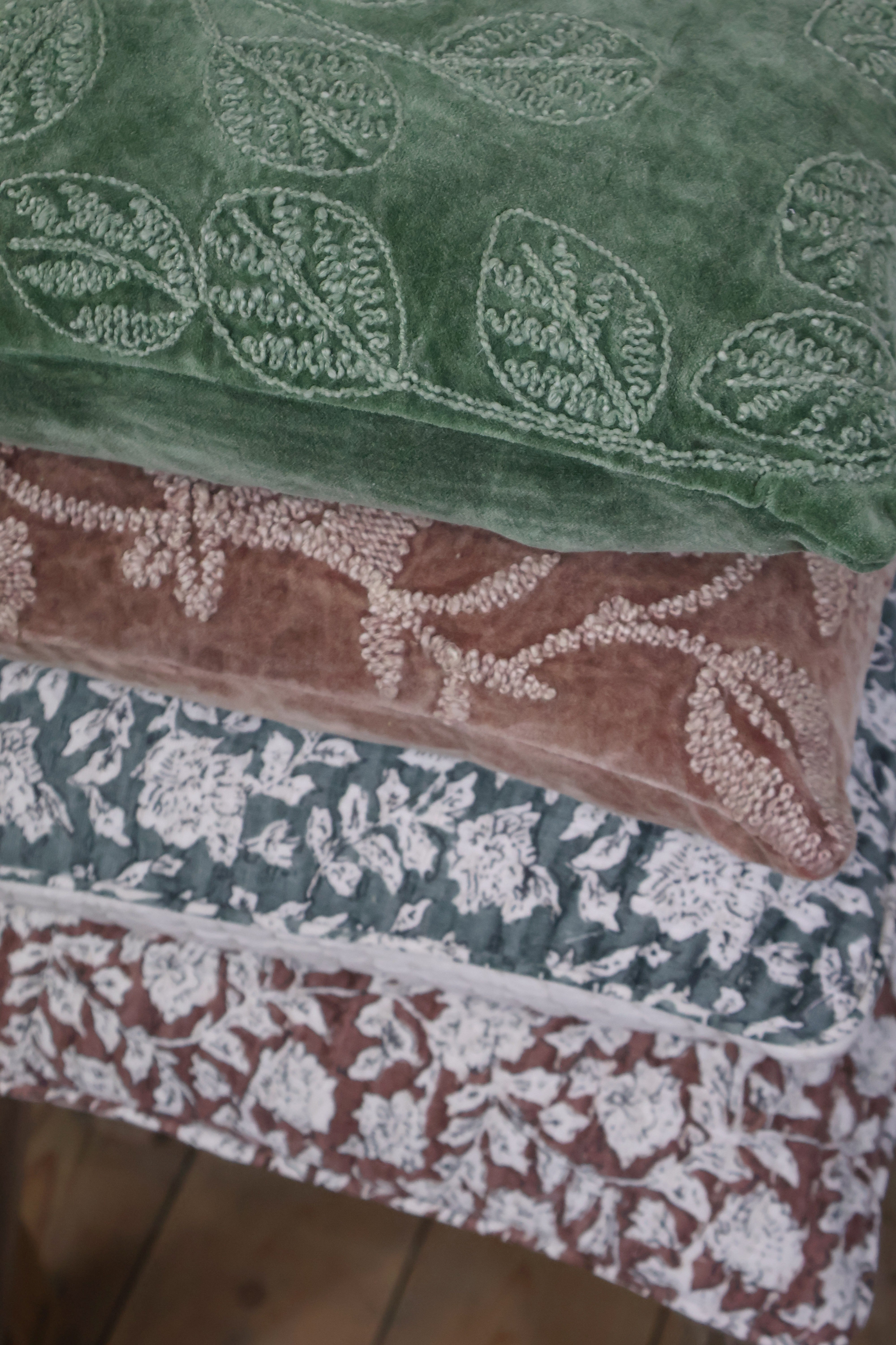 Velvet Embroidered Leaf Green Cushion