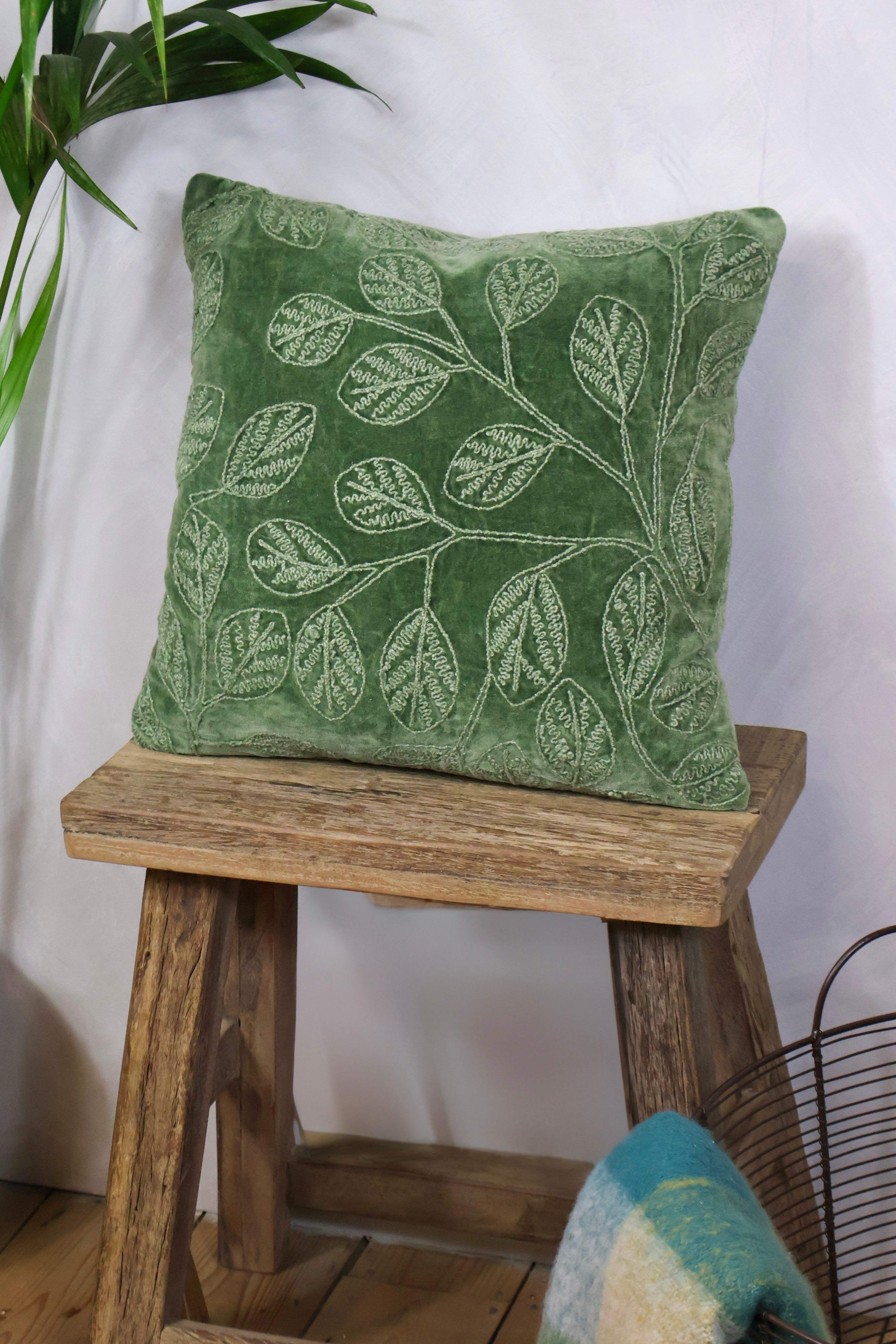 Velvet Embroidered Leaf Green Cushion