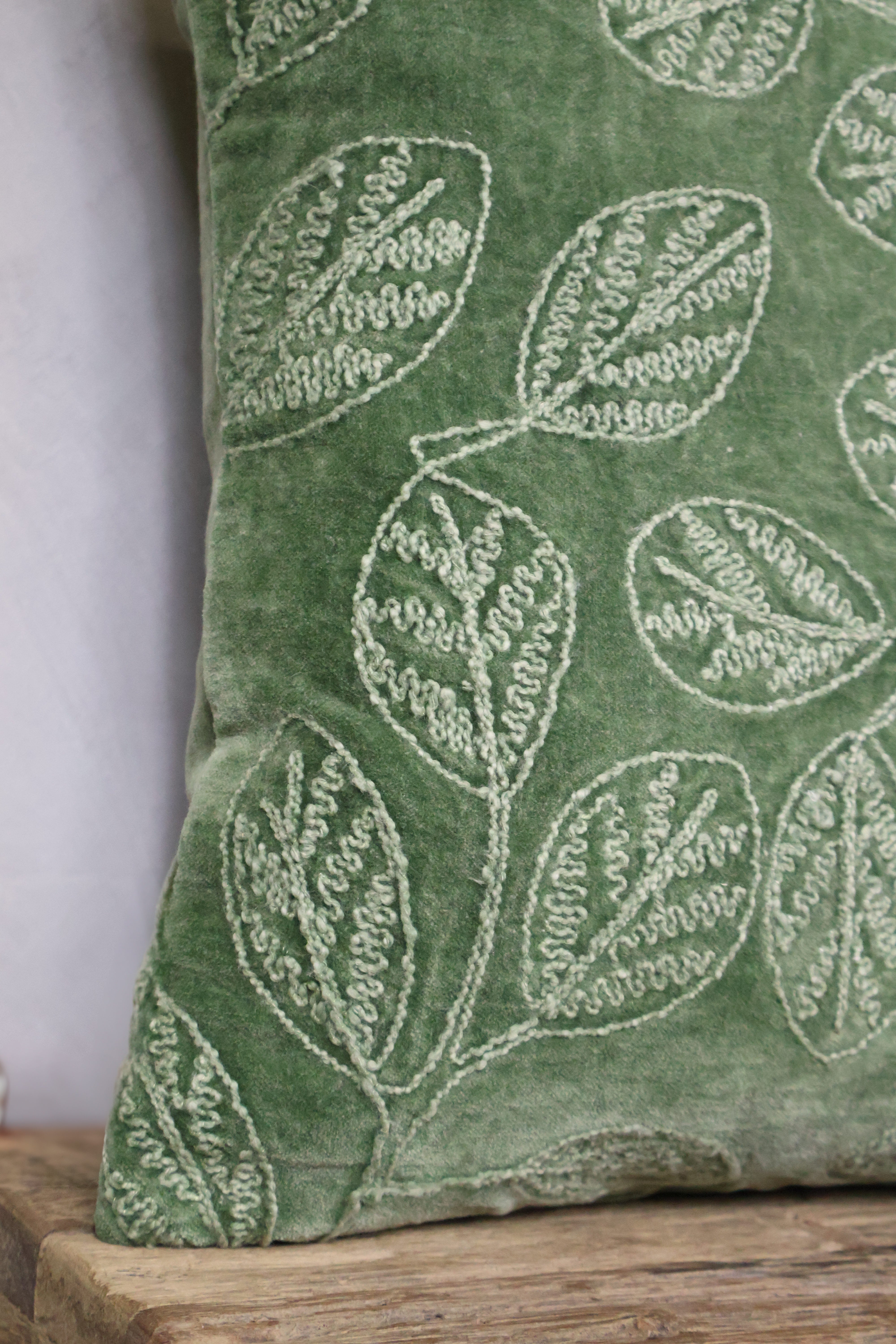 Velvet Embroidered Leaf Green Cushion
